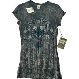 NWT Womens Black Affliction Style 'Crash and Burn' Heart Short Sleeve Shirt Sz M